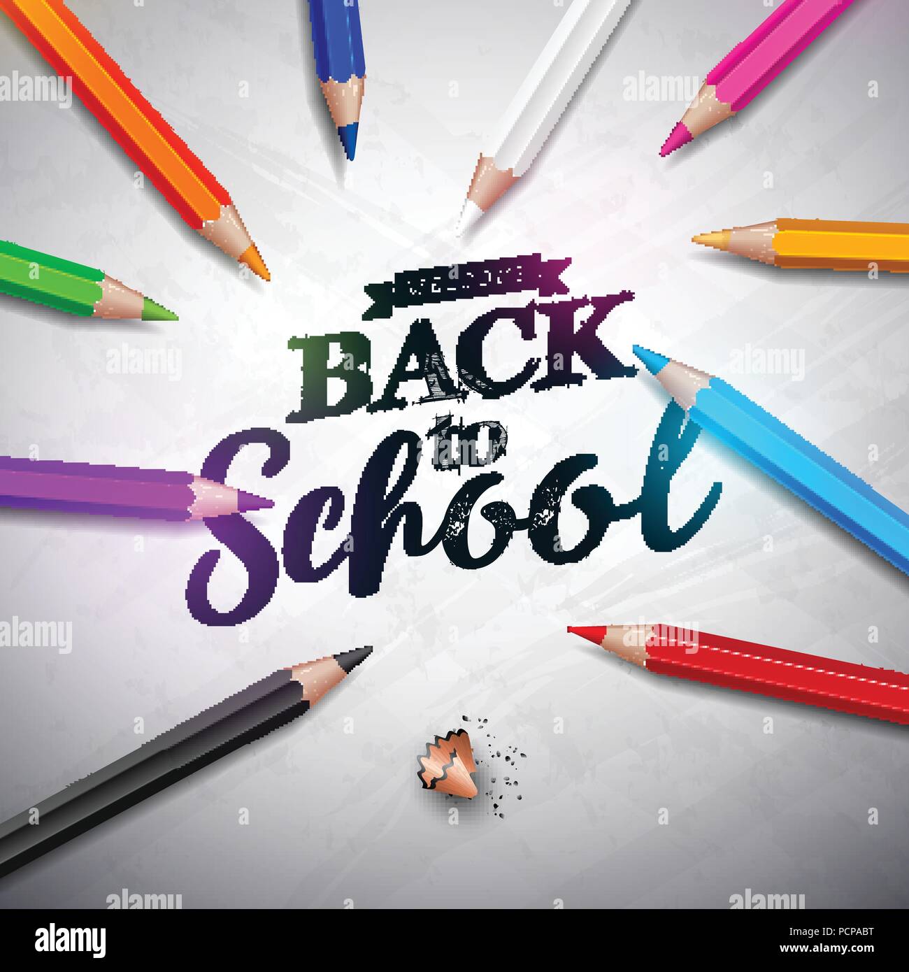 Back to school design with colorful pencil and lettering on white board ...
