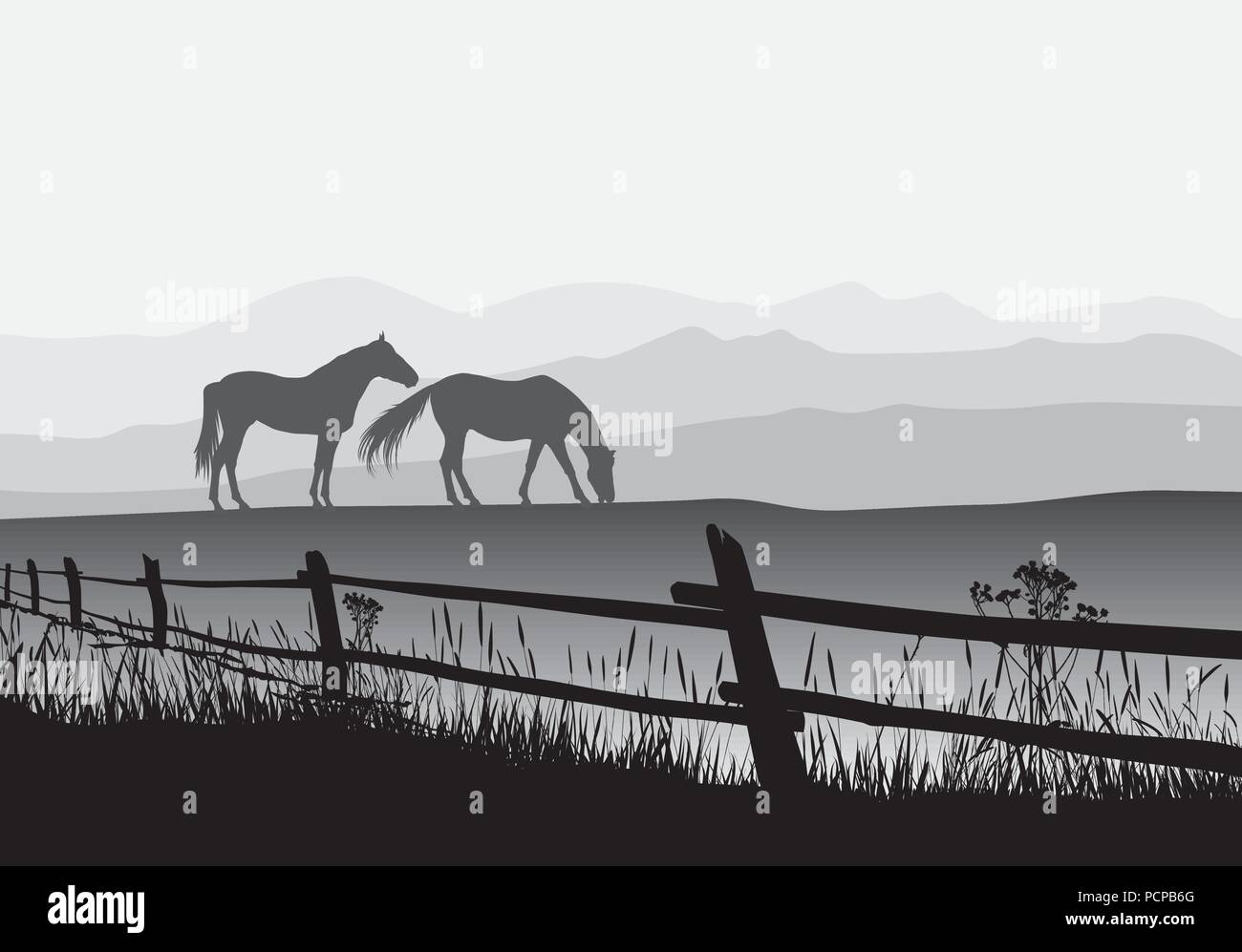 Two horses on meadow with fence Stock Vector