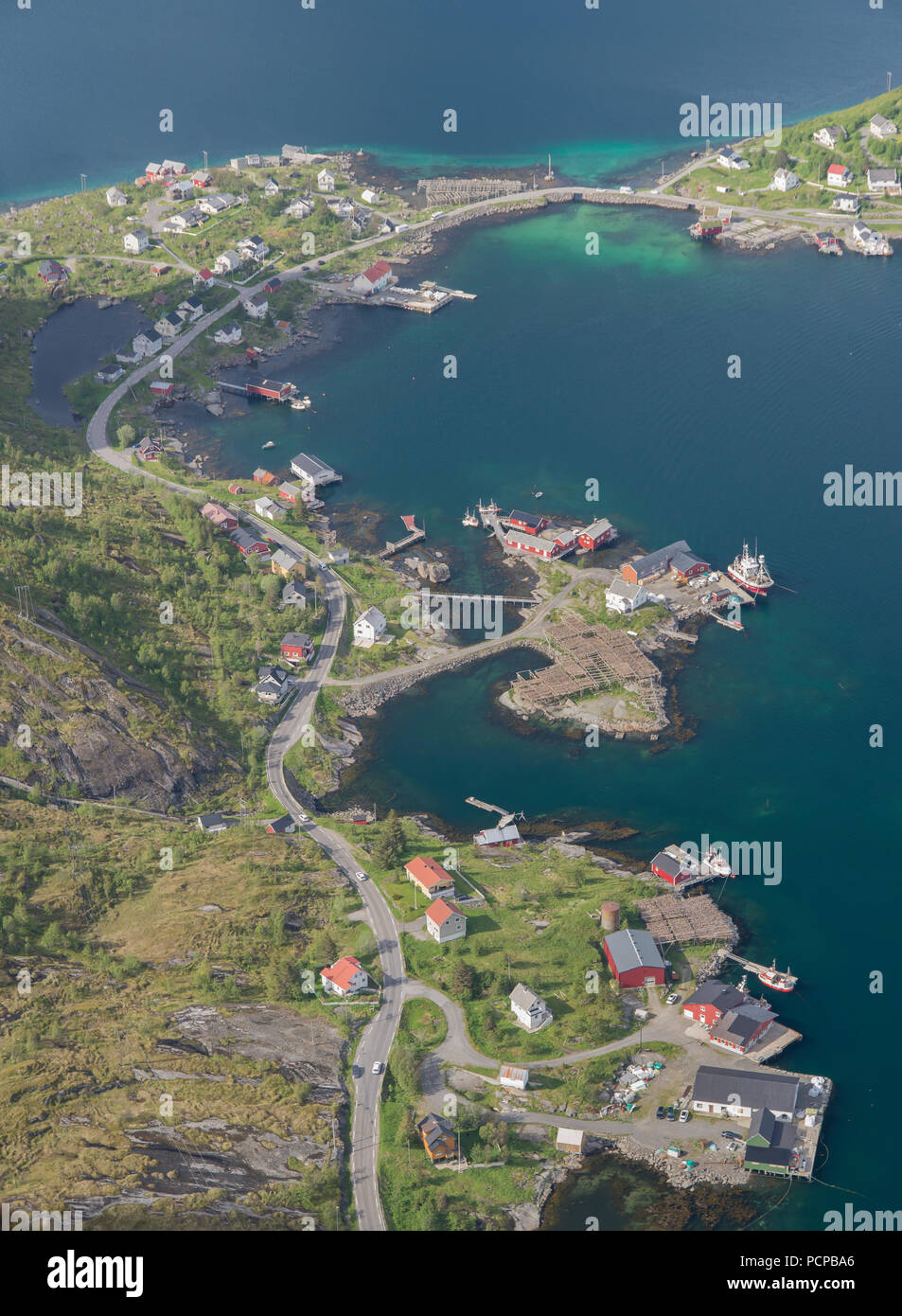 Part of Reine village seen from the top of Reinebringen mountain, Reine, Lofoten Islands, Norway Stock Photo