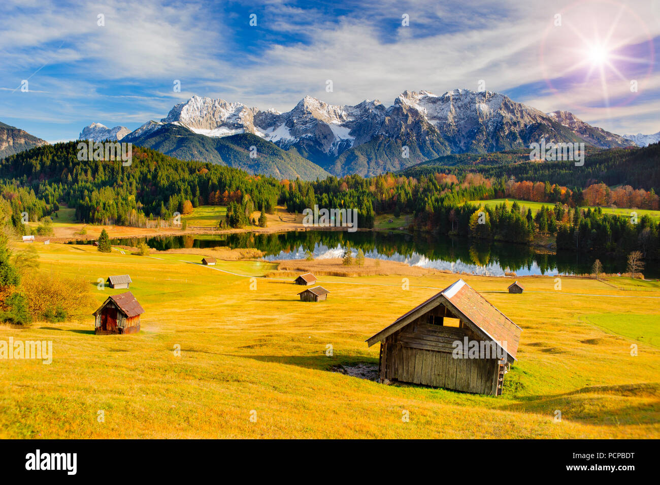 mountain range Karwendel with lake in Bavaria at indian summer in October Stock Photo