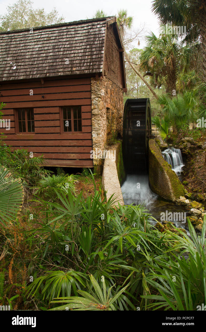 Juniper Springs CCC Millhouse waterwheel, Ocala National Forest,  Florida Stock Photo