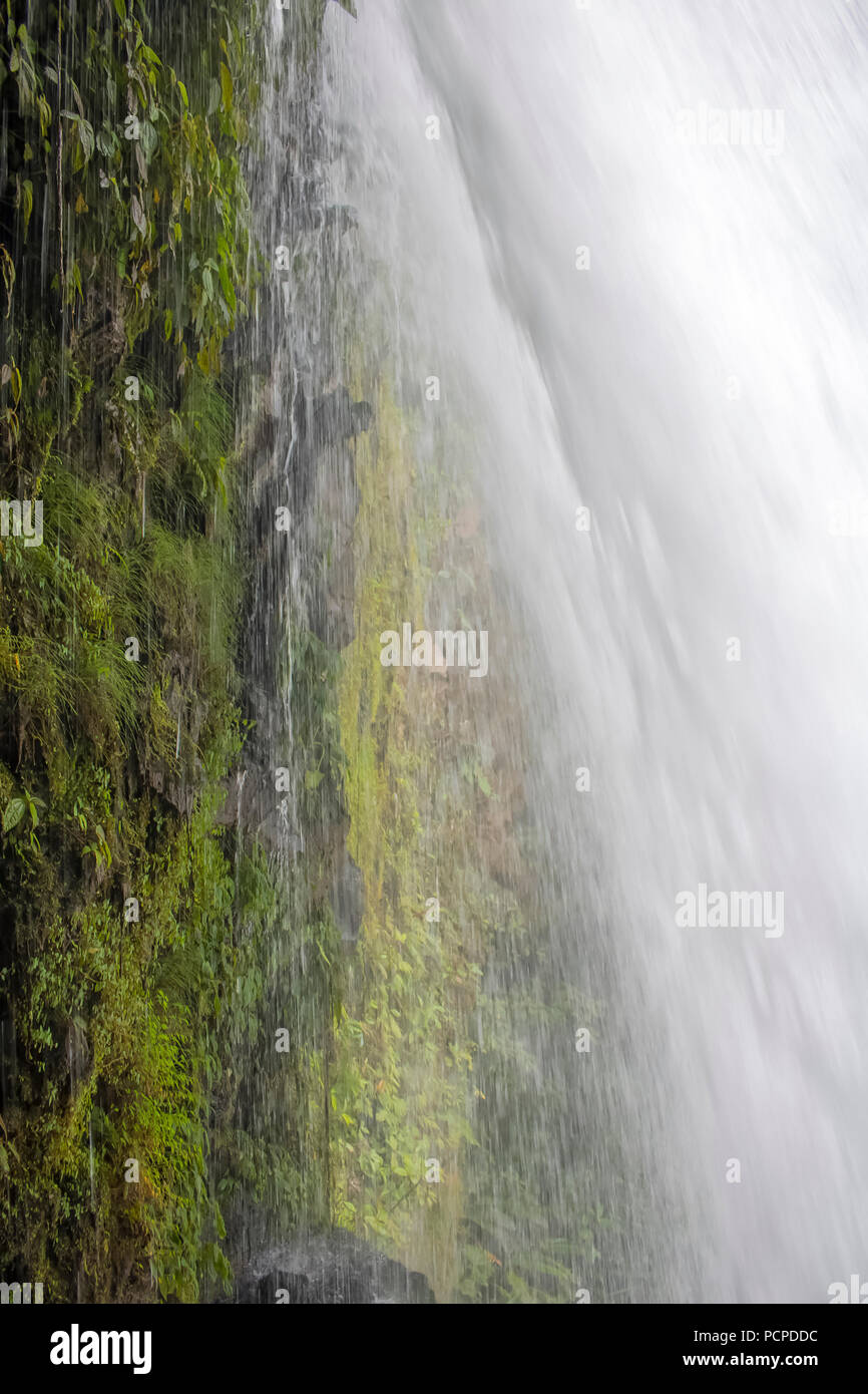 Vertical close up side angle of waterfall and drips down jungle cliff Stock Photo