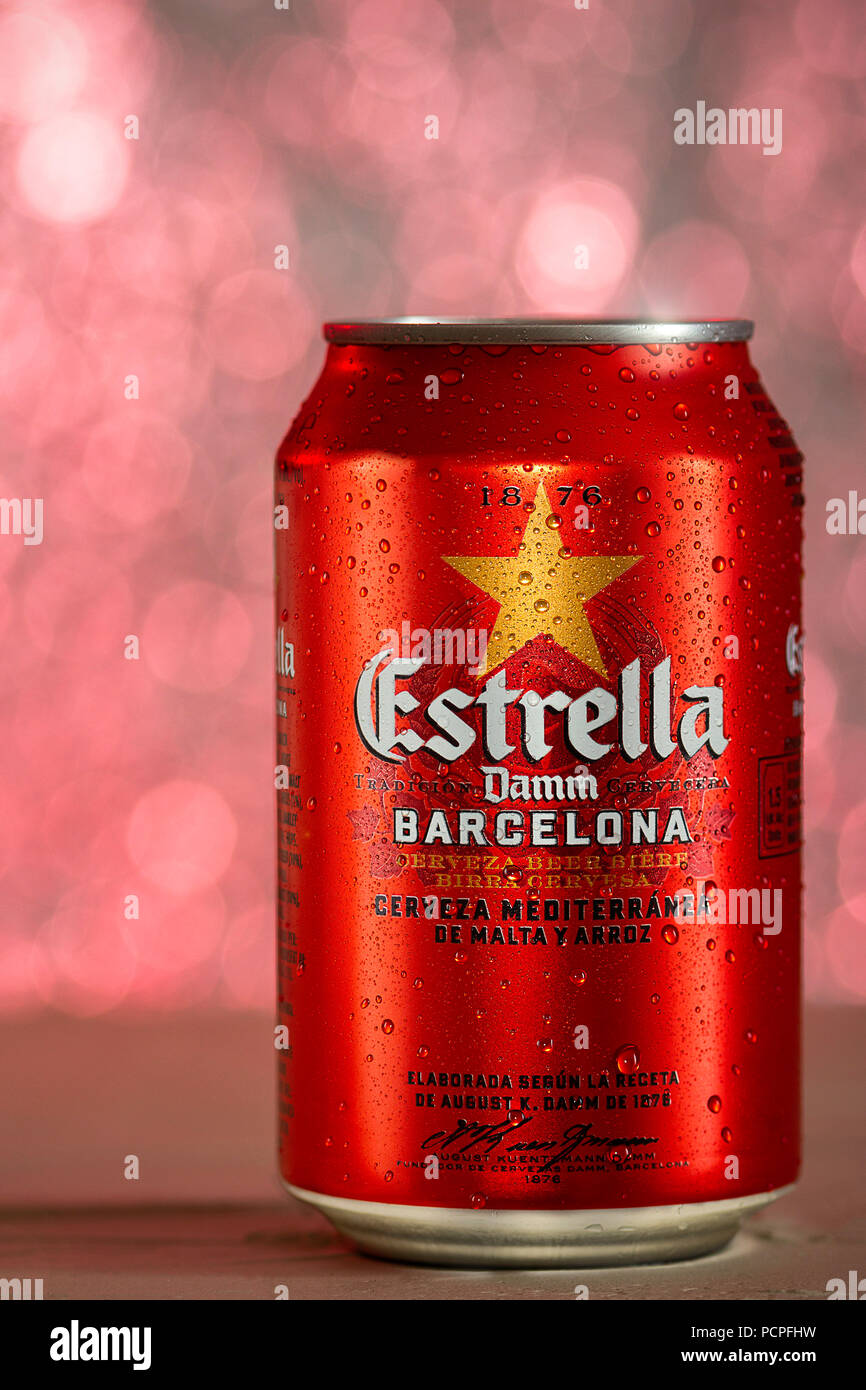 Advertising a can of ice cold Estrella Damm Beer Stock Photo