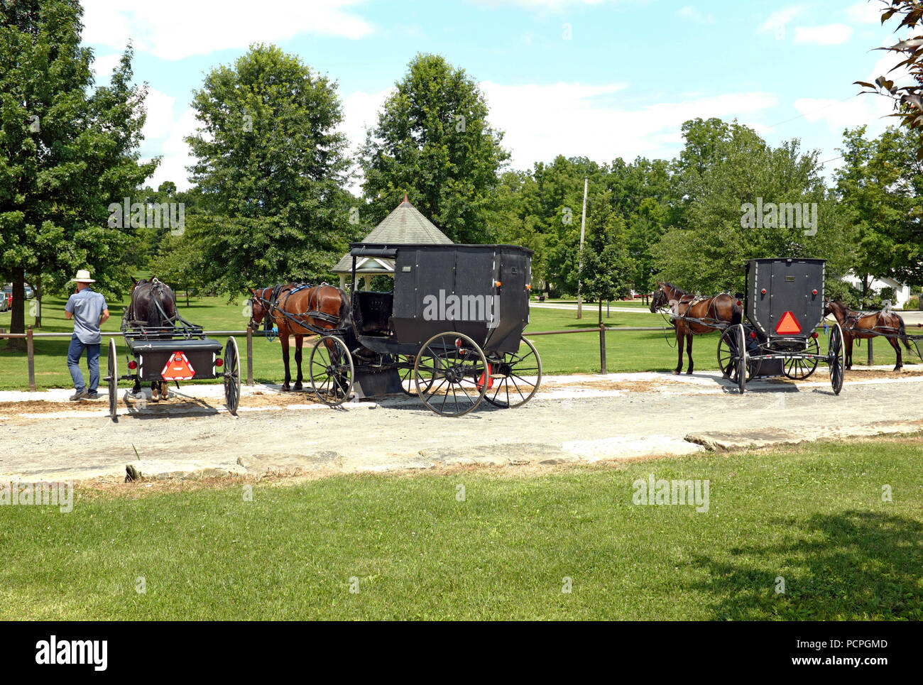 Horses and carriages are parked on the Mesopotamia, Ohio commons as an Amish man stands besides one of the horses on a summer afternoon. Stock Photo