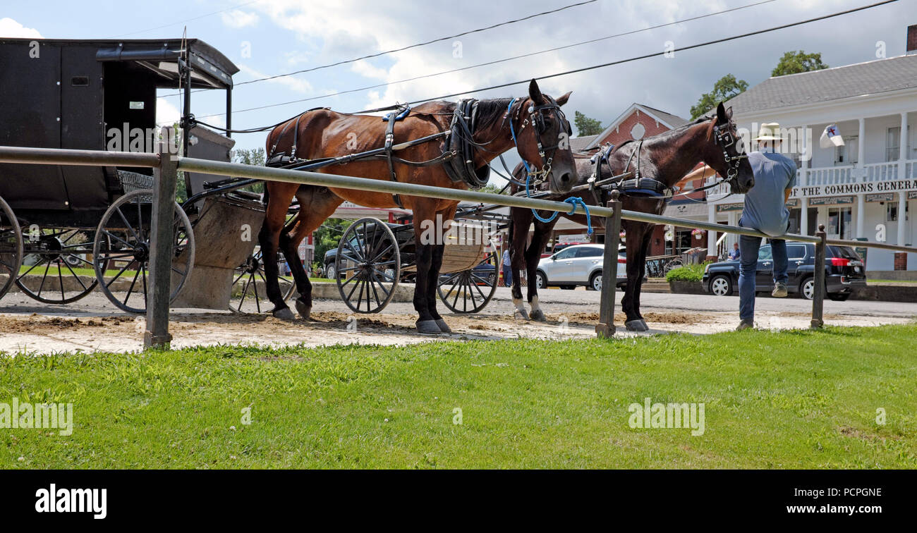 An Amish man sits next to his horse and carriage across from the End of the Commons General Store in Mesopotamia, Ohio. Stock Photo