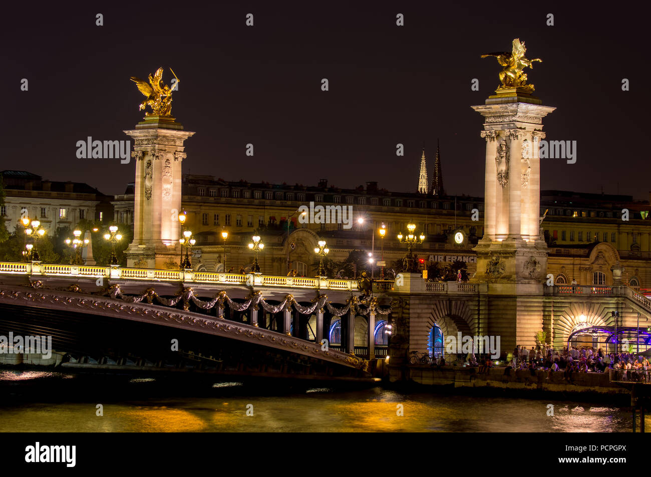 Night time over Pont Alexandre III bridge - Paris, France Stock Photo