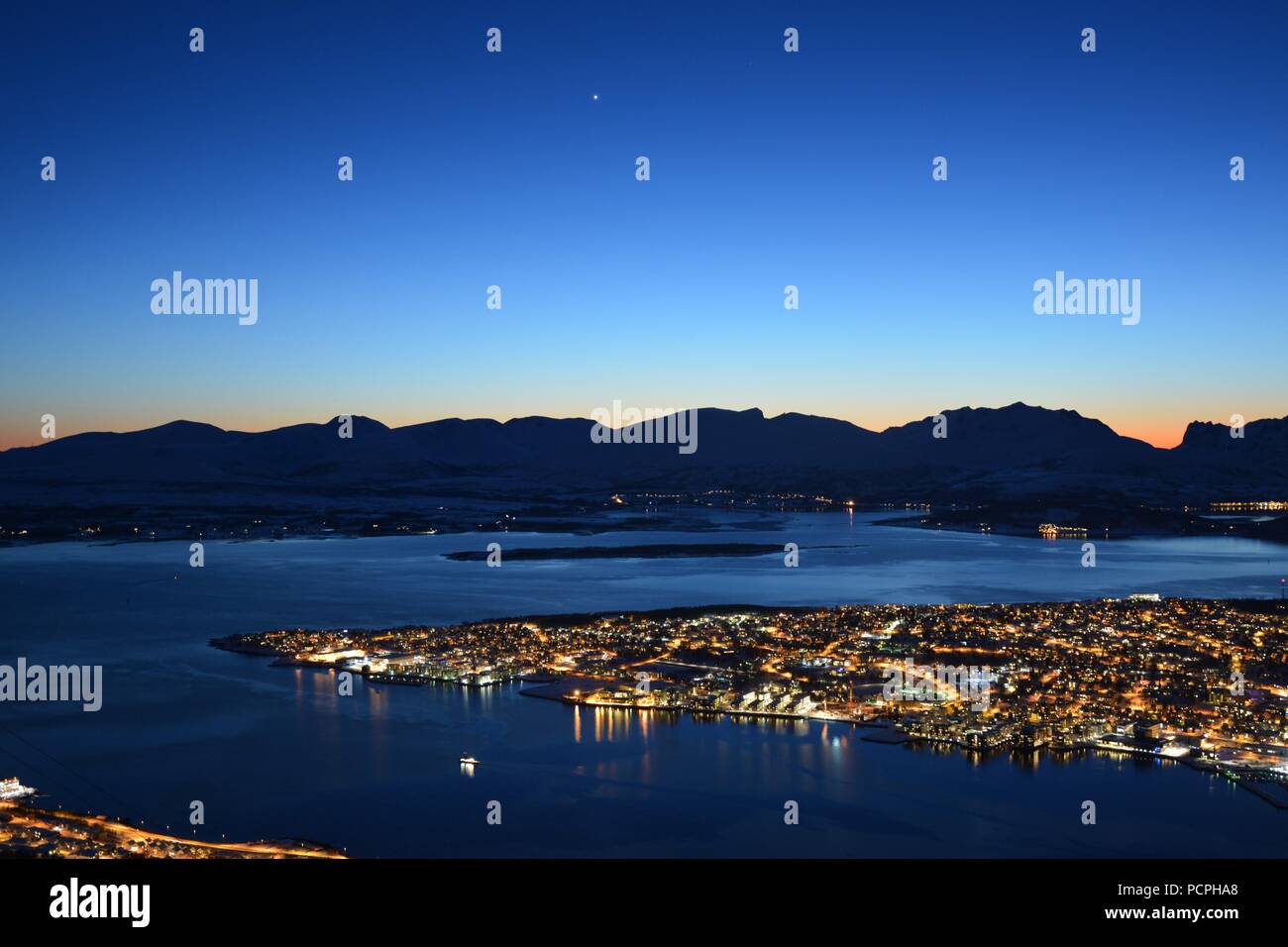 Tromso cityscape from Fjellheisen Peak at night Stock Photo - Alamy