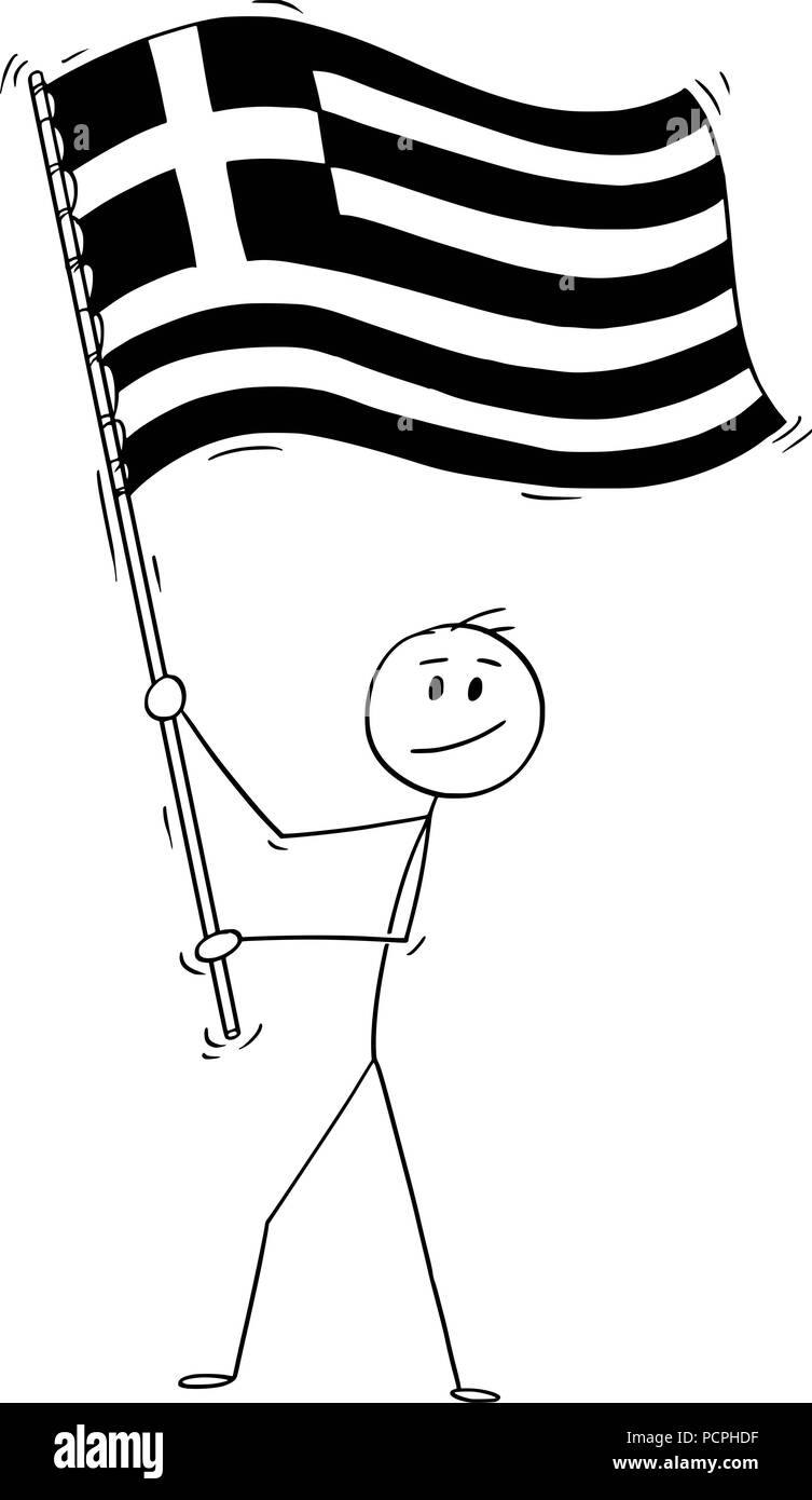 Cartoon of Man Waving the Flag of Greece or Hellenic Republic Stock Vector
