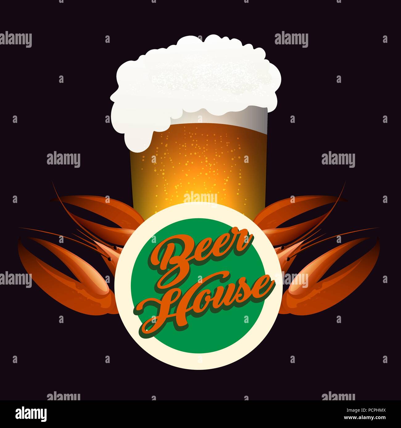 Pub or Beer House Emblem. Glass full of beer and boiled crawfish. Vector illustration. Stock Vector