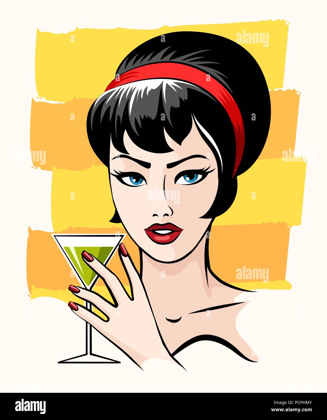 Beautiful sexy girl and with cocktail glass drawn in retro poster style. Vector illustration. Stock Vector