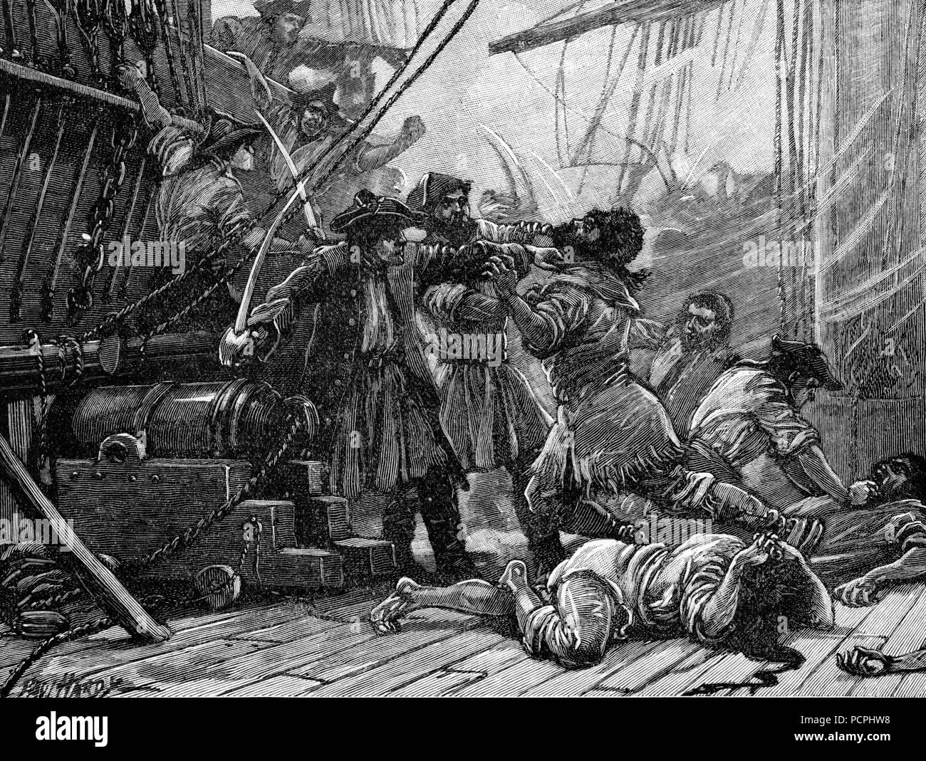 Revenue Cutters Capturing an American Smuggling Vessel; Illustration from Cassell's History of England, King's Edition Part 33 Stock Photo