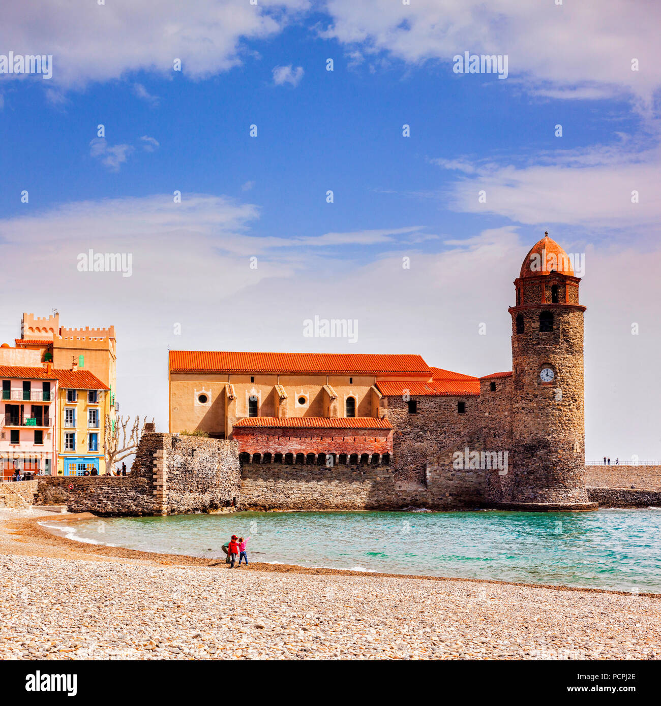 The beach and the Church of Notre Dame des Anges at Collioure