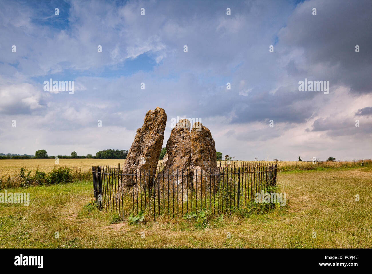 The Whispering Knights, the remains of a portal dolmen in the Rollrights area of Oxfordshire. Stock Photo