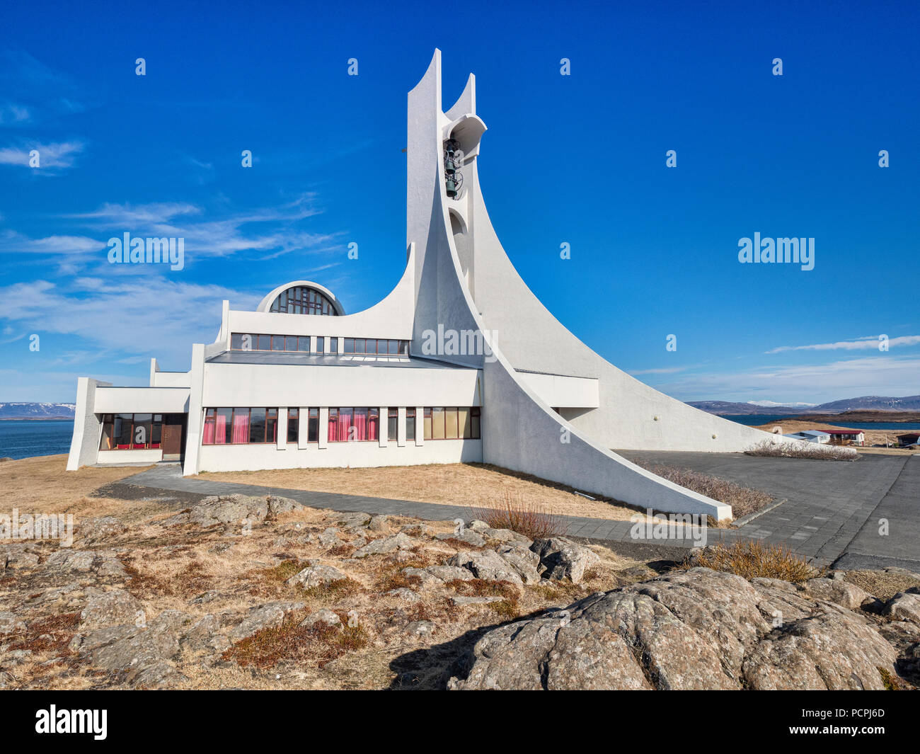 16 April 2018: Stykkisholmur Church, Snaefellsness Peninsula, West Iceland - A church which is also used as a concert hall. Stock Photo