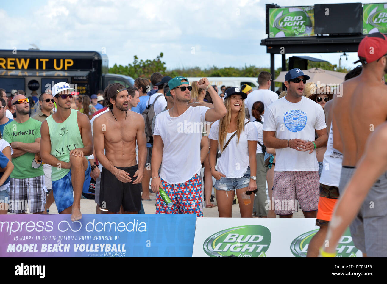 MIAMI BEACH, FL - FEBRUARY 08: Sports Illustrated cover model Nina Agdal spent the day making out with boyfriend Reid Heidenry and watching beach volley ball on February 8, 2015 in Miami Beach, Florida.  People:  Nina Agdal, Reid Heidenry Stock Photo