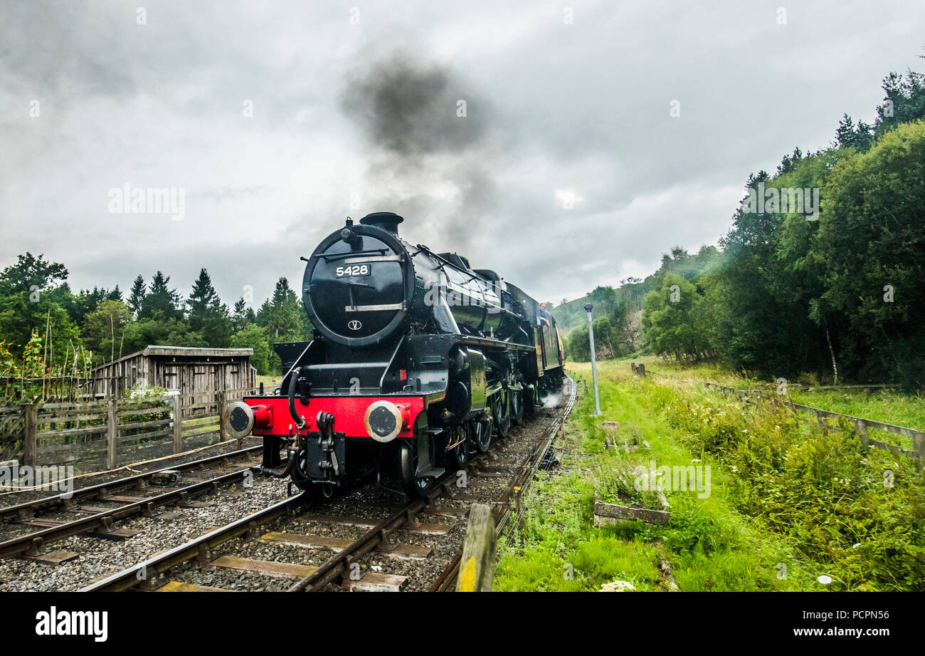 Embargoed to 0001 Saturday August 04 The 5428 LMS Black 5 locomotive on the North Yorkshire Moors railway as railway enthusiasts mark the 50th anniversary of the end of regular mainline steam services. Stock Photo