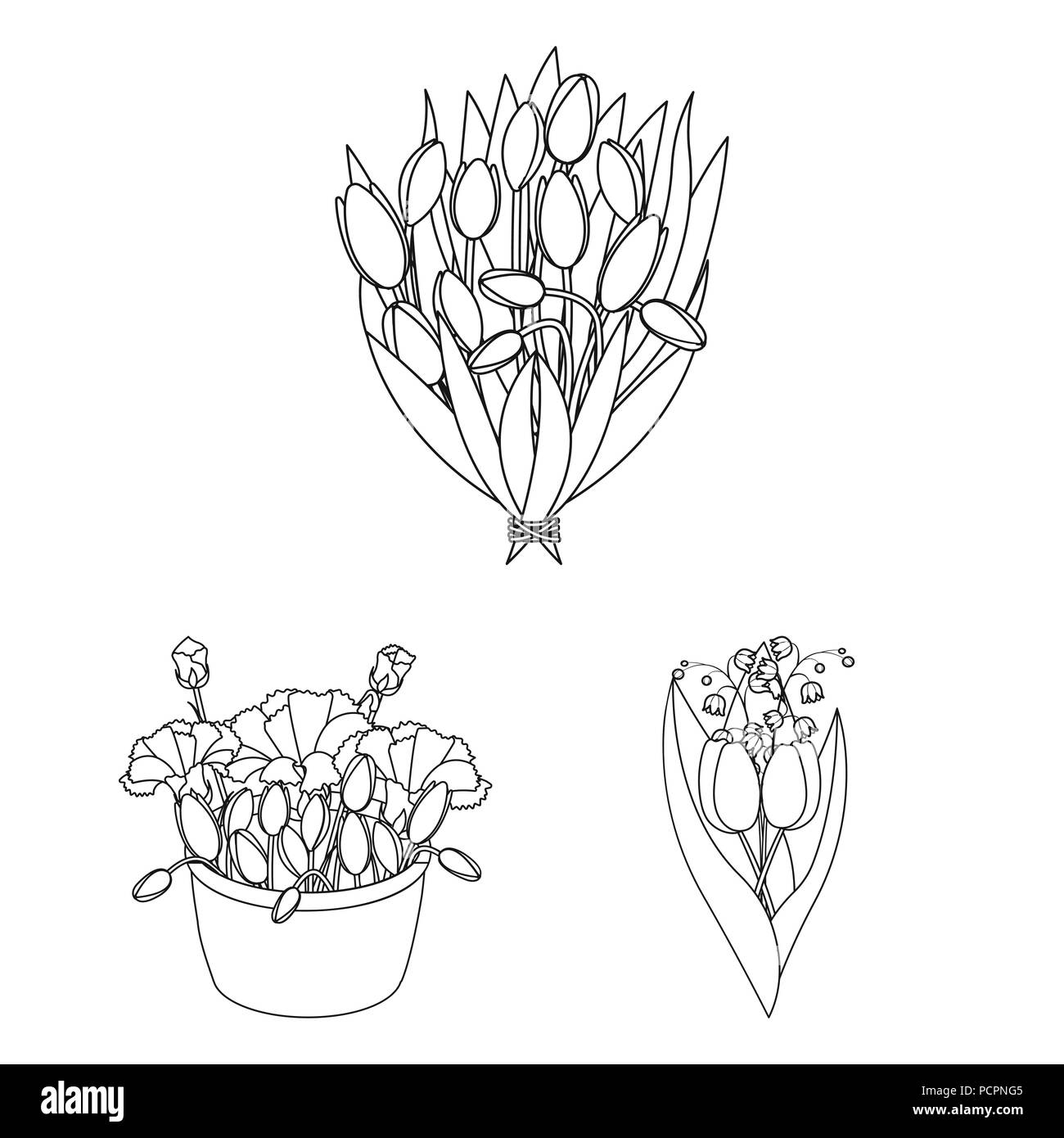 A bouquet of fresh flowers outline icons in set collection for design ...