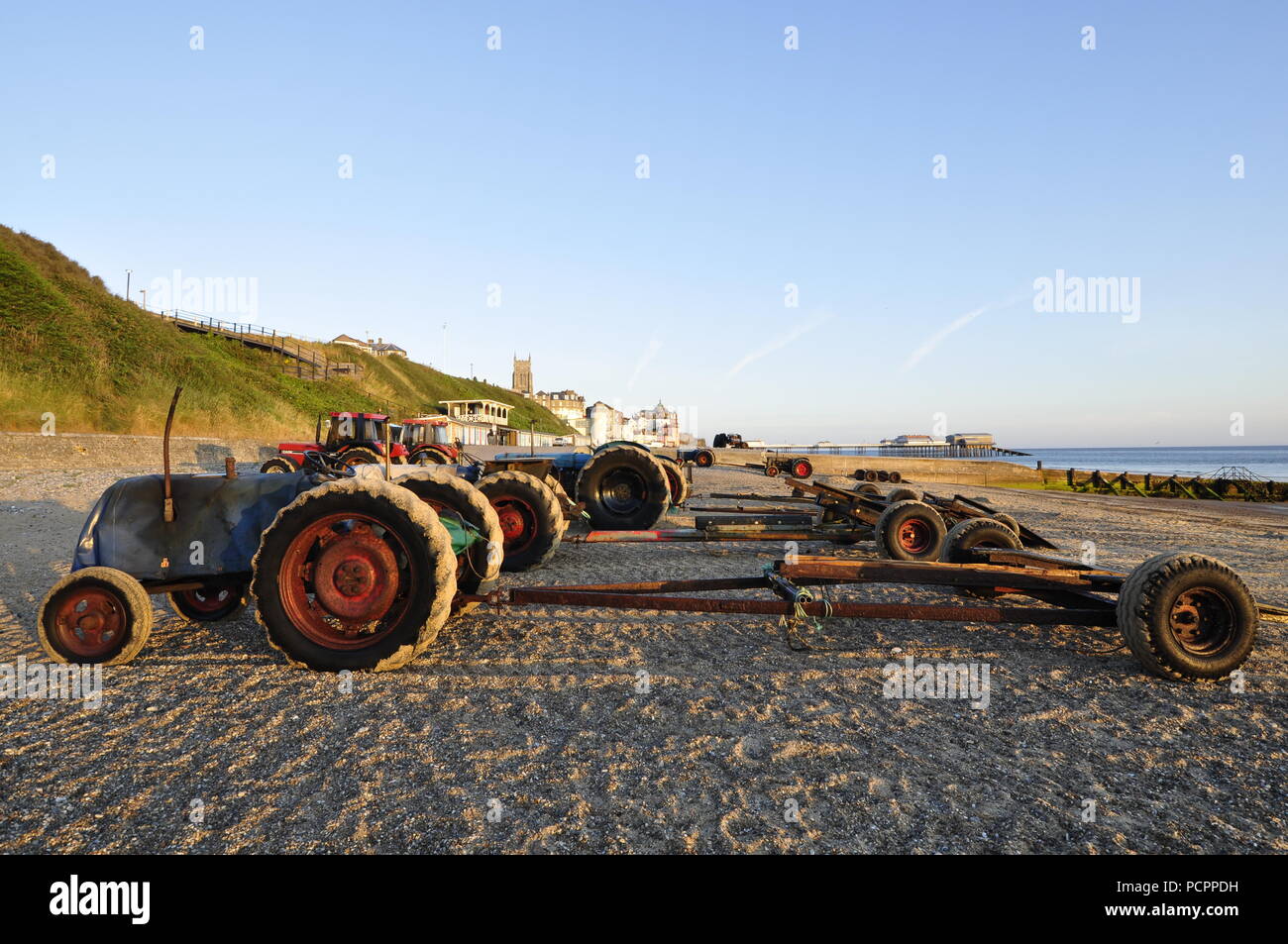 tractors and trailers for Cromer crab boats, Cromer, Norfolk UK Stock Photo