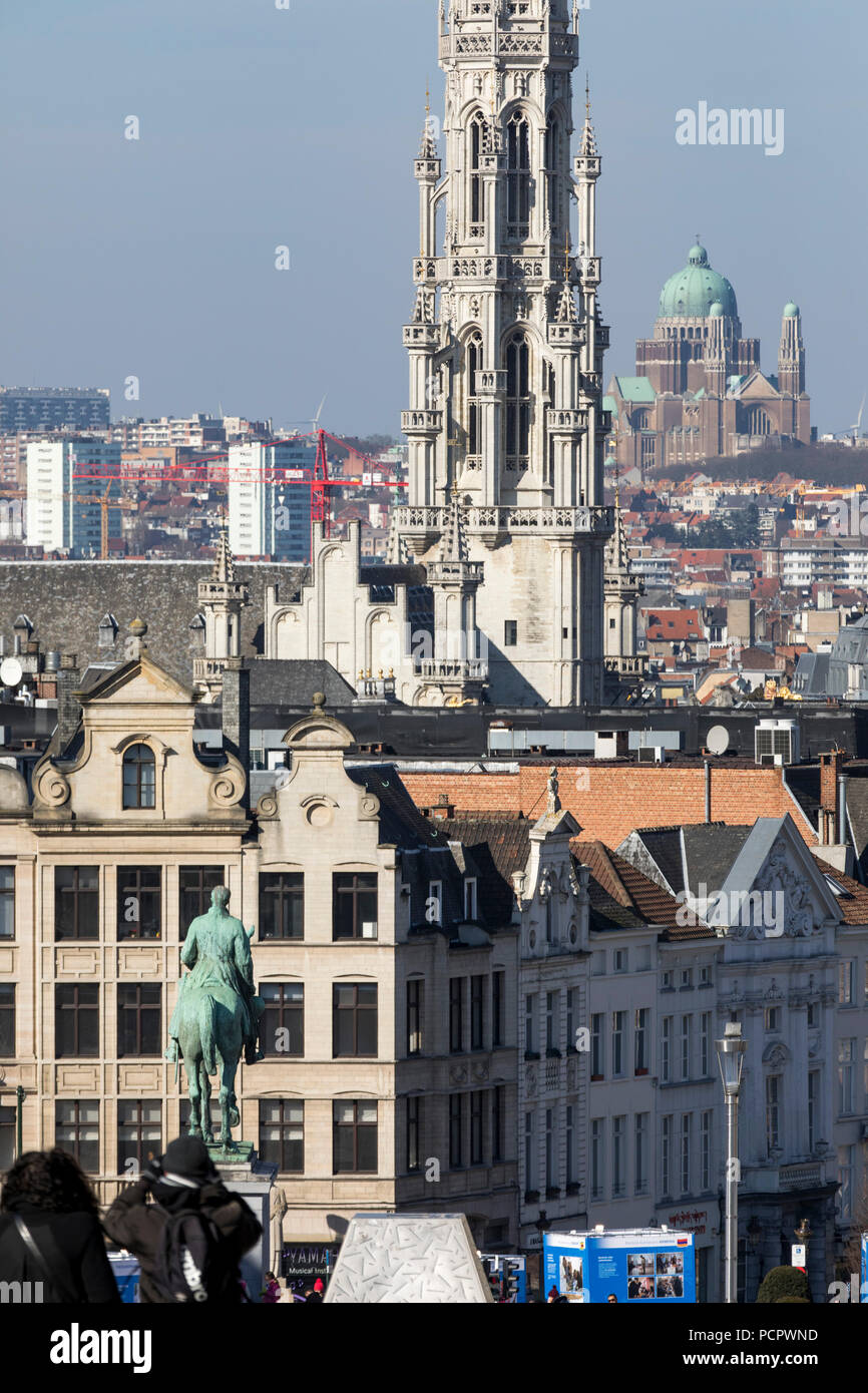 View from the art mountain, Monte des Arts, to the city center of Brussels, tower of the historic town hall, in the background the church of the Natio Stock Photo