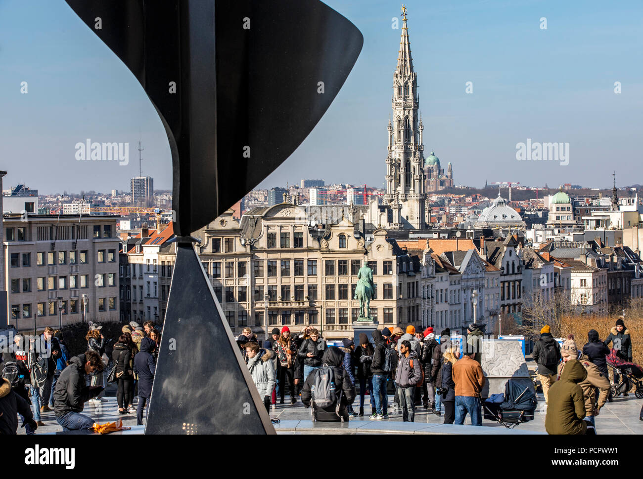 View from the art mountain, Monte des Arts, to downtown Brussels, tower of the historic town hall, behind the church National Basilica of the Sacred H Stock Photo