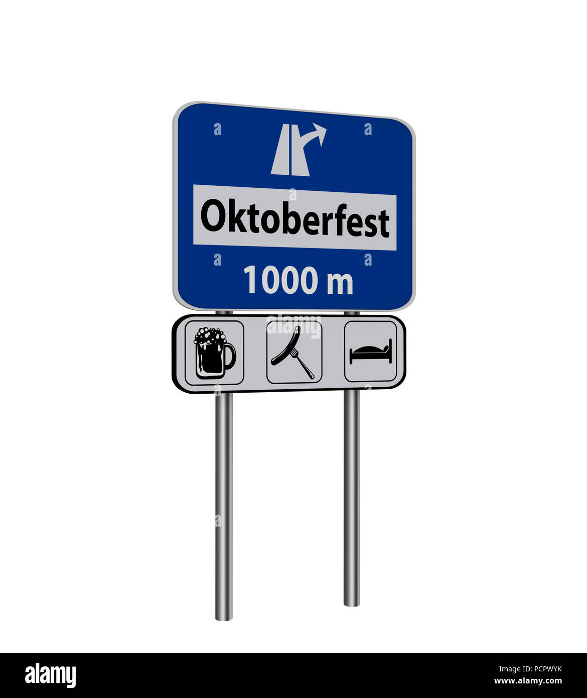 Highway sign with the exit symbol and the text Munich beer festival and the symbols beer, sausage and bed. Text Munich beer festival in german. 3d ren Stock Photo