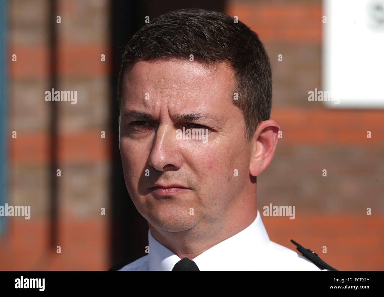 Sussex Police Assistant Chief Constable Steve Barry speaking to the media after a misconduct hearing over the death of Duncan Tomlin - who died in hospital two days after a struggle with police in West Sussex on 26 July 2014 - at the Office of the Police and Crime Commissioner in Lewes, Sussex. Stock Photo
