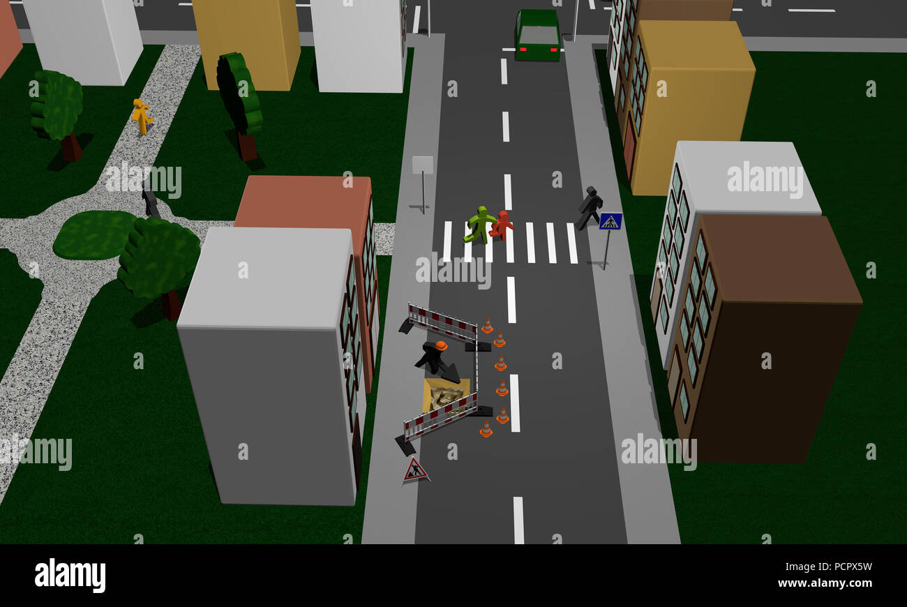 Street of a city with construction site, pedestrian crossing, park and ...