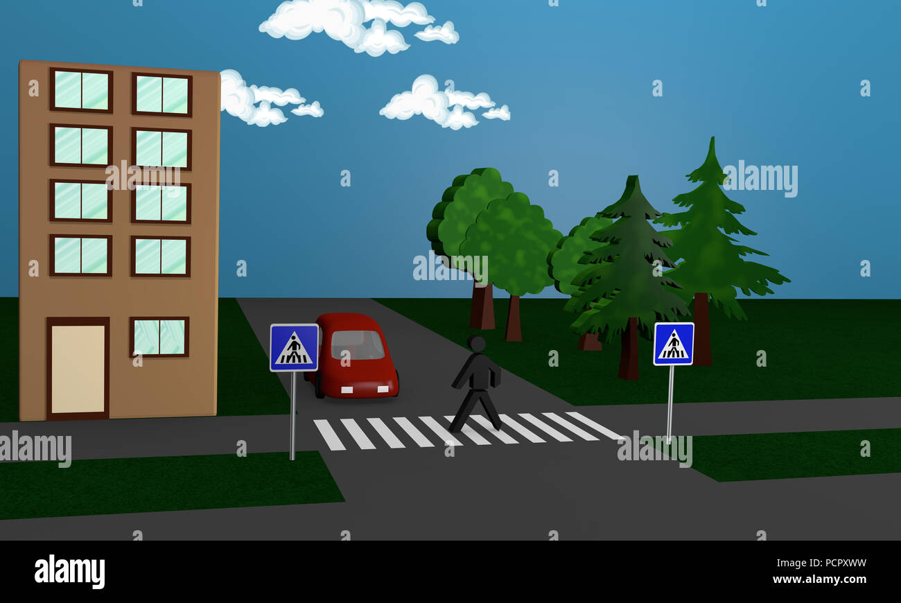 Road image with a pedestrian crossing a road. 3d rendering Stock Photo -  Alamy