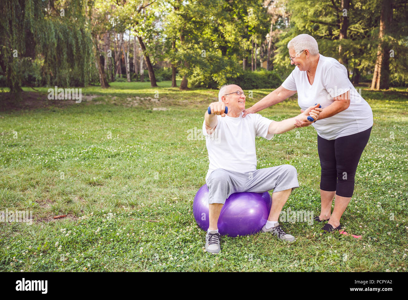 Concept of healthy lifestyle -Smiling pensioner man and woman doing together fitness exercises on fitness ball in park Stock Photo