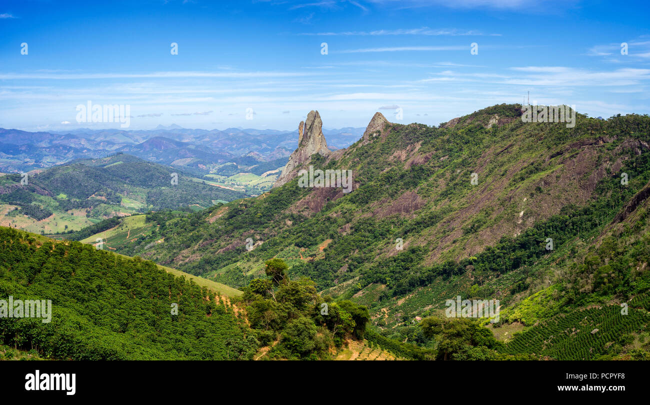 Panoramic view of the Pedra dos Tres Pontoes ('3 Peaks Mountain') in Afonso Claudio, Espirito Santo State, Brazil. Stock Photo