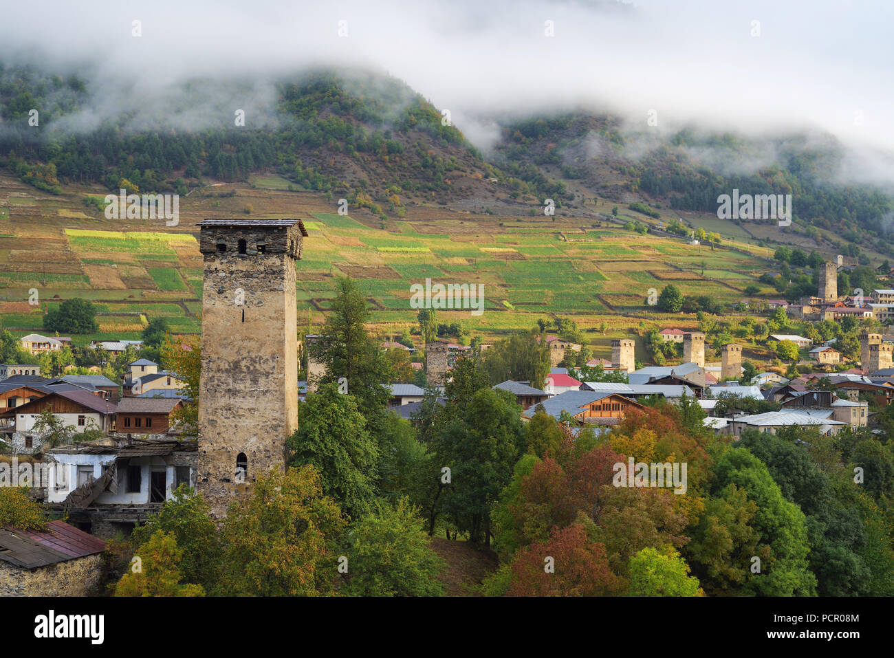 Old attractions. Stone medieval towers and houses. Mountain