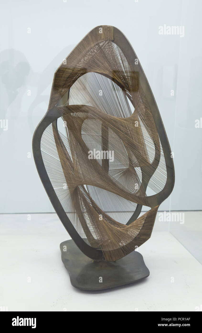 Linear Construction in Space, No. 4 (1958-1959) by Russian avant-garde sculptor Naum Gabo on display in the Kunsthalle Mannheim in Mannheim, Baden-Württemberg, Germany. Stock Photo