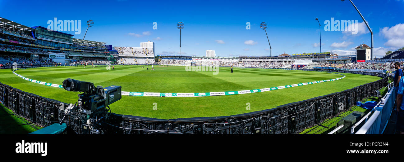Panorama of Edgbaston Cricket Ground on Day 2 of the England vs India test match taken in Birmingham, UK on 2 August 2018 Stock Photo