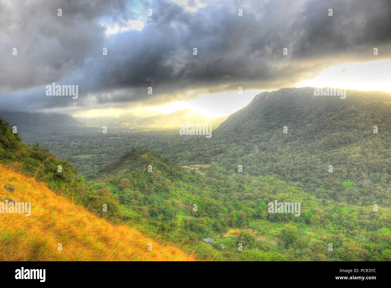 Beautiful view of the mountains with the sun coming out at El Valle de Anton, Panama,HDR Rendering Stock Photo