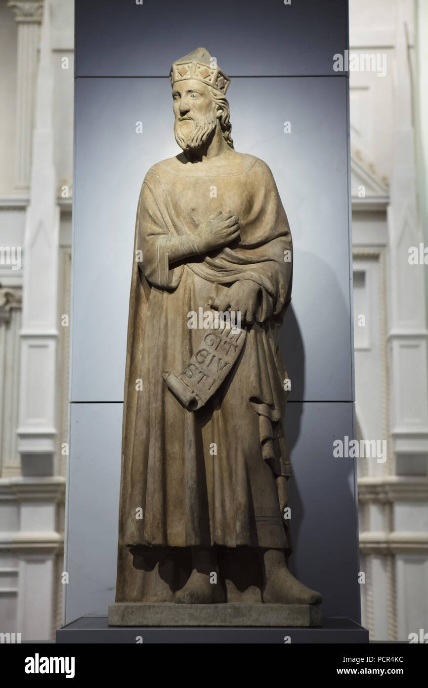 King Solomon. Marble statue by Italian Early Renaissance sculptor Andrea Pisano (1337-1341) from the north facade of the Florence Cathedral (Cattedrale di Santa Maria del Fiore), now on display in the Museo dell'Opera del Duomo (Museum of the Works of the Florence Cathedral) in Florence, Tuscany, Italy. Stock Photo