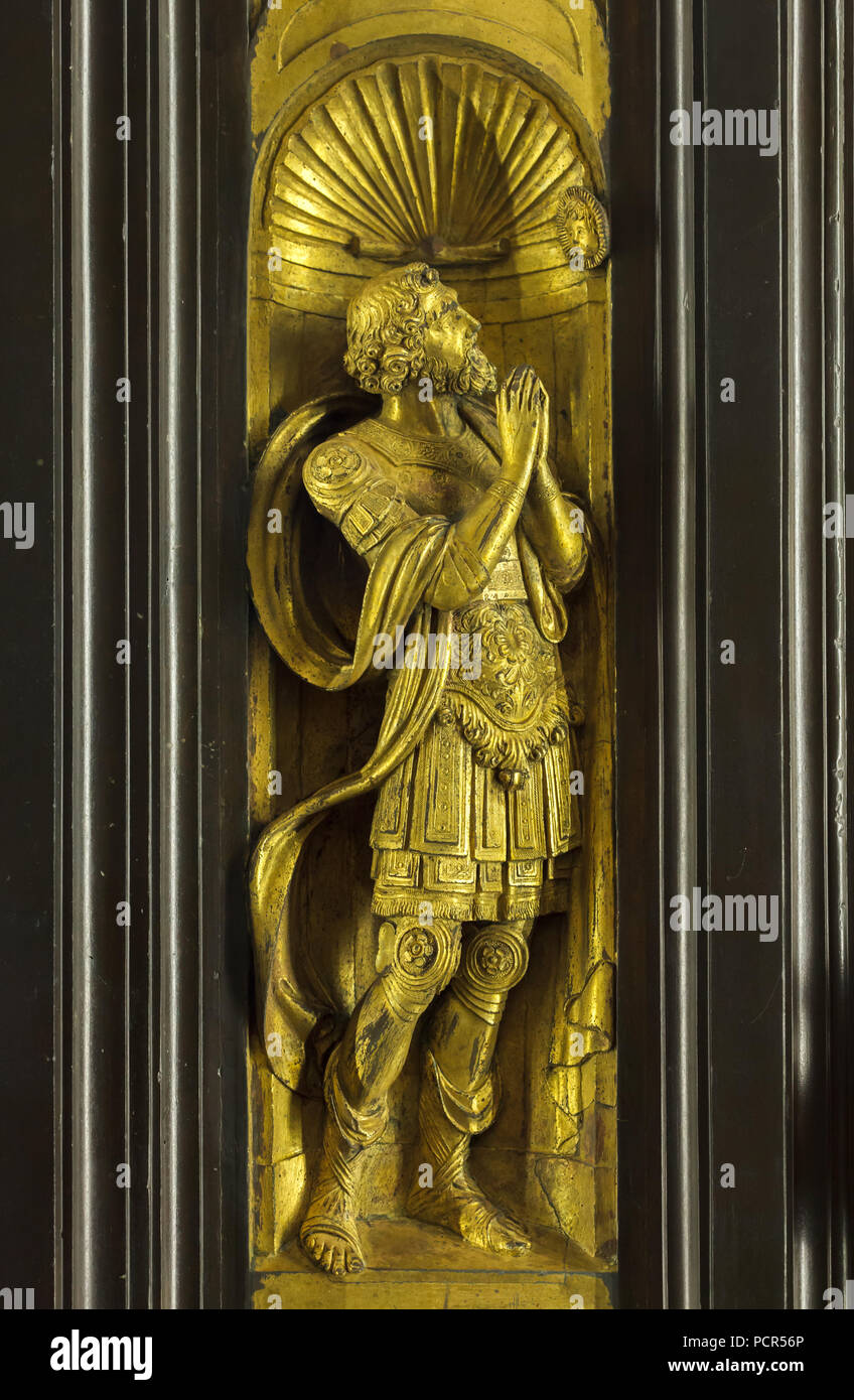 Biblical figure depicted in the detail of the Gates of Paradise (Porta del Paradiso) designed by Italian Early Renaissance sculptor Lorenzo Ghiberti for the Florence Baptistery (Battistero di San Giovanni), now on display in the Museo dell'Opera del Duomo (Museum of the Works of the Florence Cathedral) in Florence, Tuscany, Italy. Stock Photo
