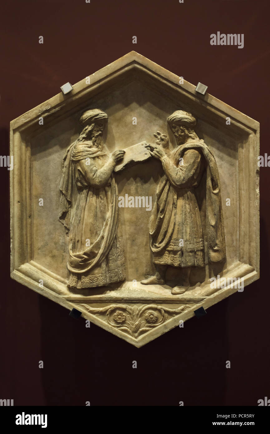 Ancient Greek mathematicians Euclid and Pythagoras as personification of geometry and arithmetic depicted in the hexagonal relief by Italian Renaissance sculptor Luca della Robbia (1437-1439) from the Giotto's Campanile (Campanile di Giotto), now on display in the Museo dell'Opera del Duomo (Museum of the Works of the Florence Cathedral) in Florence, Tuscany, Italy. Stock Photo