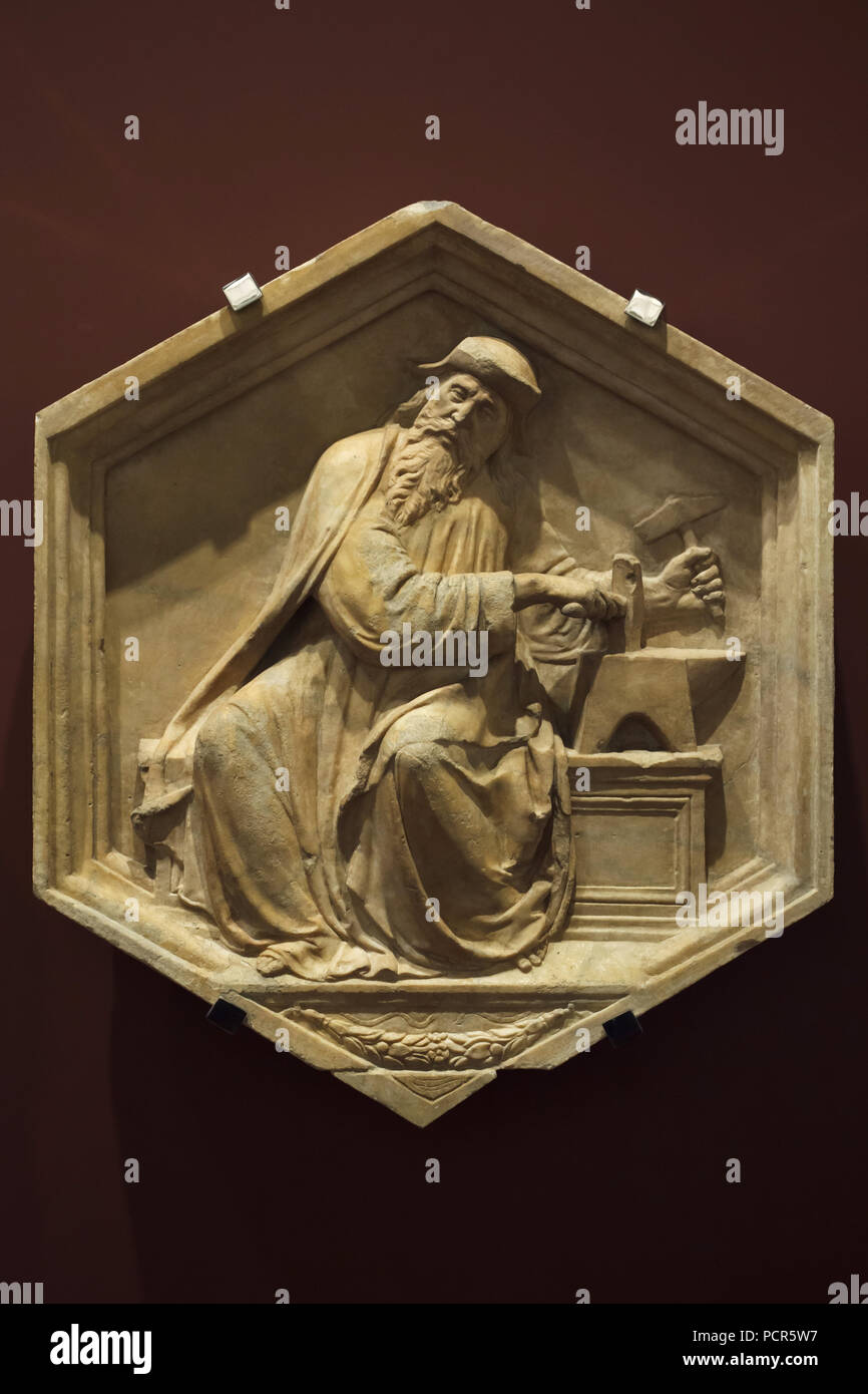 Ancient Greek mathematician Pythagoras as personification of astrology or harmony depicted in the hexagonal relief by Italian Renaissance sculptor Luca della Robbia (1437-1439) from the Giotto's Campanile (Campanile di Giotto), now on display in the Museo dell'Opera del Duomo (Museum of the Works of the Florence Cathedral) in Florence, Tuscany, Italy. Stock Photo