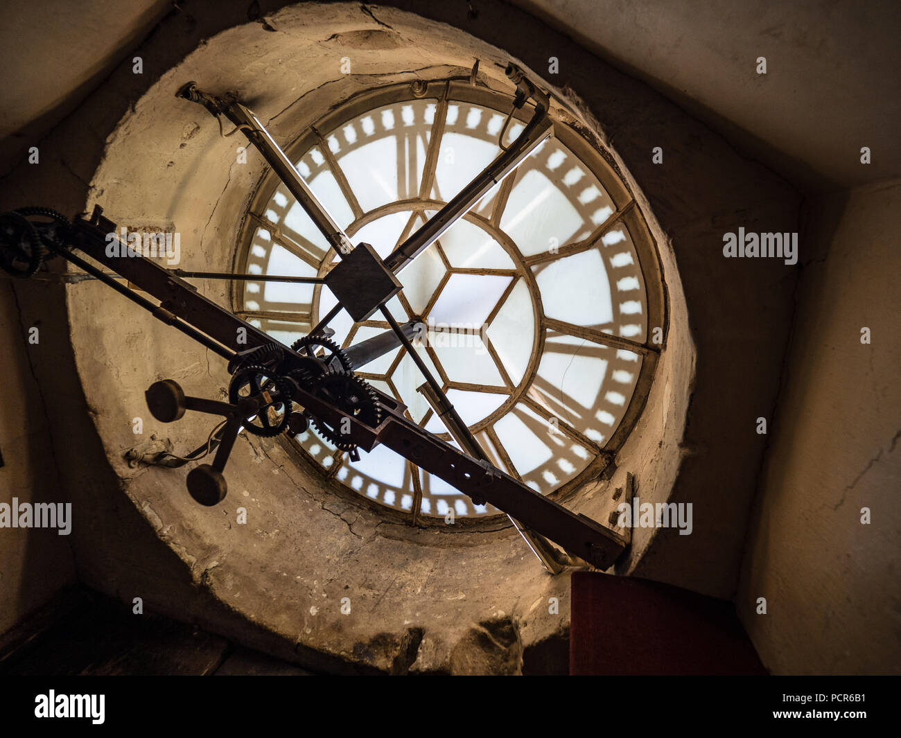 Bath Abbey Clock Face from the inside - Bath Abbey construction started in the 12th century. The clock was designed and installed in 1888 Stock Photo