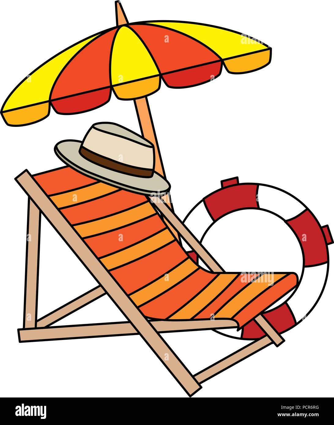 beach chair with umbrella and float Stock Vector