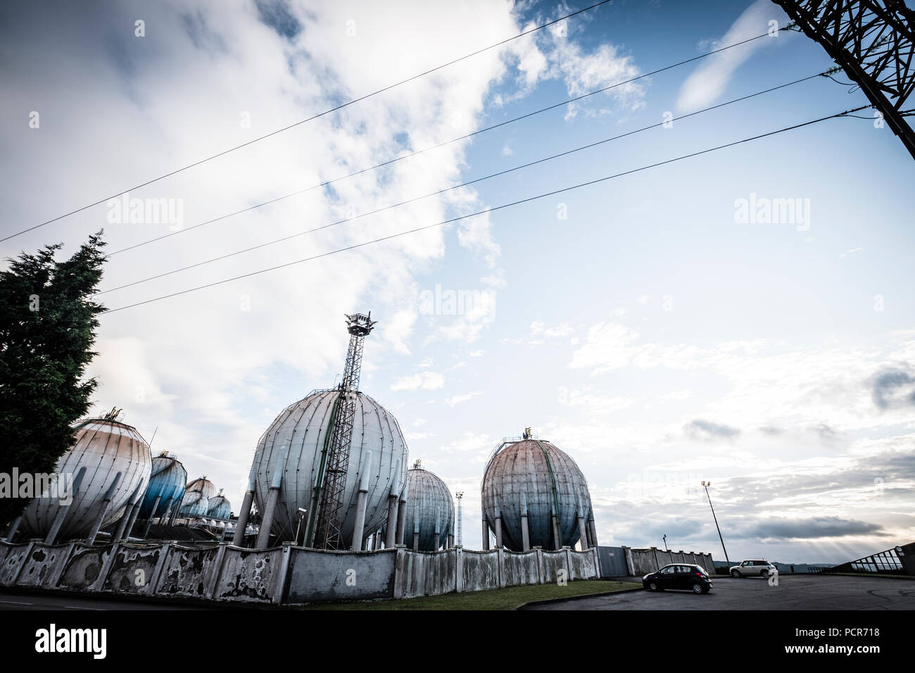 Butane gas spherical tanks at Cima Torres, Gijon Spain Stock Photo - Alamy