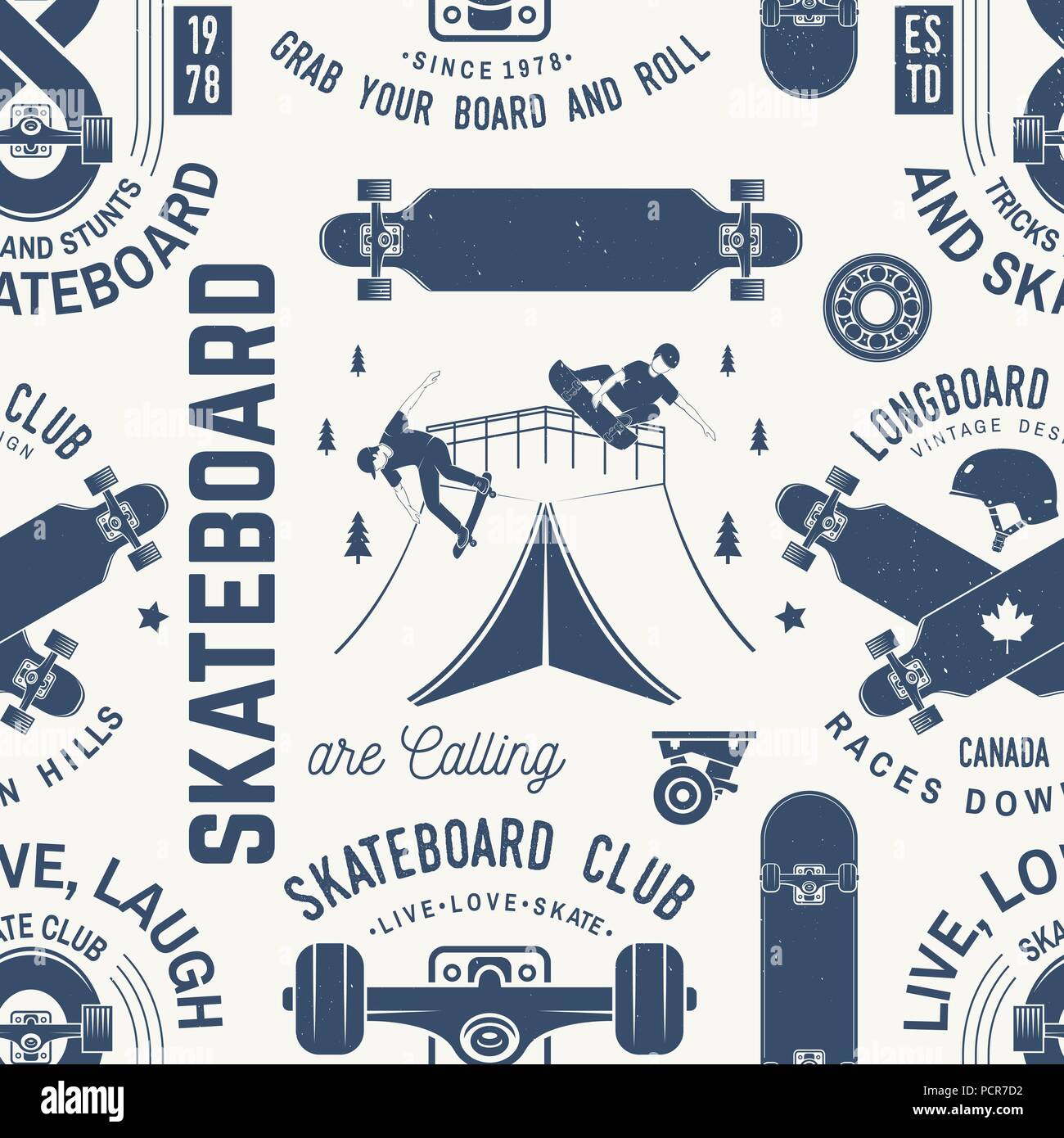 Skateboard and longboard club seamless pattern or background. Vector illustration. Retro typography design with skateboarder, helmet, skateboard silhouette. Extreme sport. Stock Vector