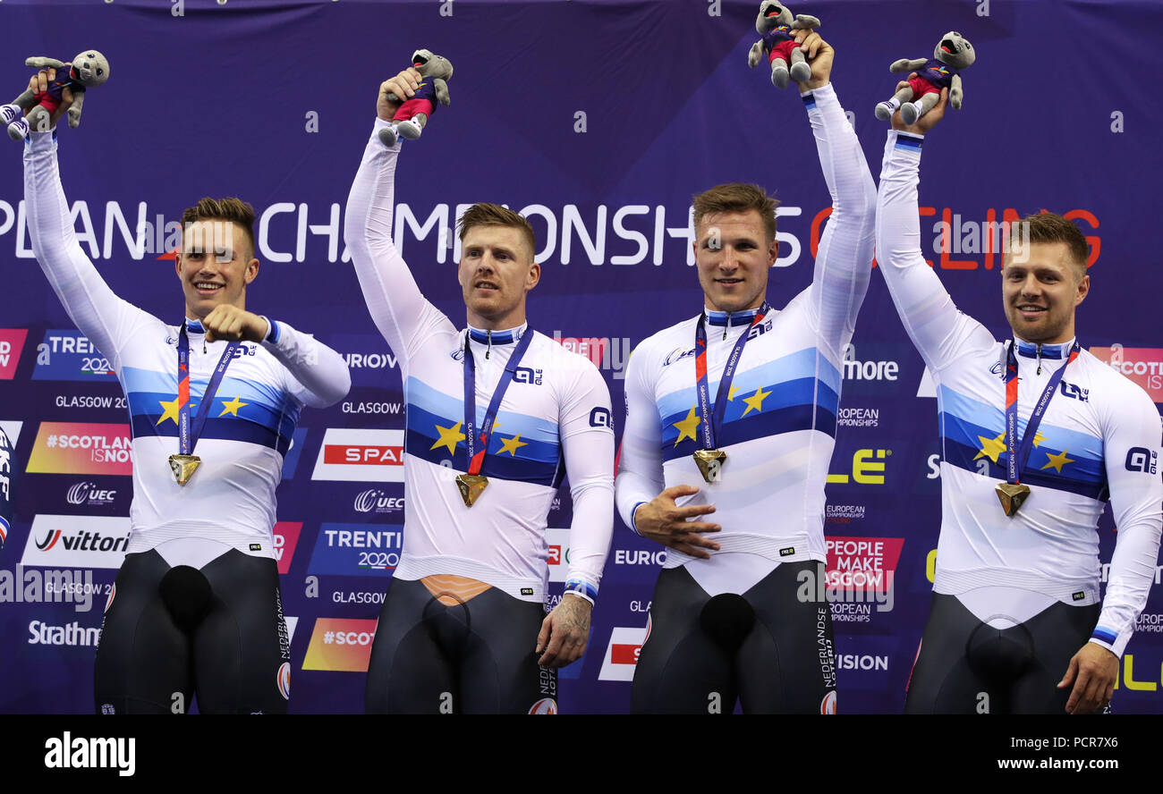 Netherland S Harrie Lavreysen Roy Van Den Berg Jeffrey Hoogland And Nils Van T Hoenderdaal Celebrate Gold In The Team Sprint Men S Race During Day Two Of The 2018 European Championships At The Sir