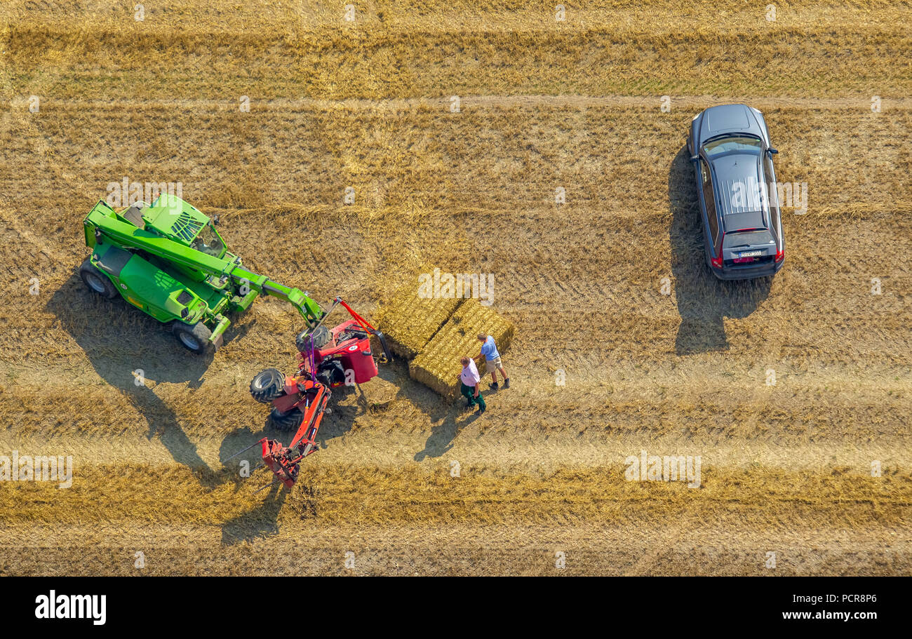 Field, straw bales, overturned farm loader, rescue with green telescopic loader Stock Photo
