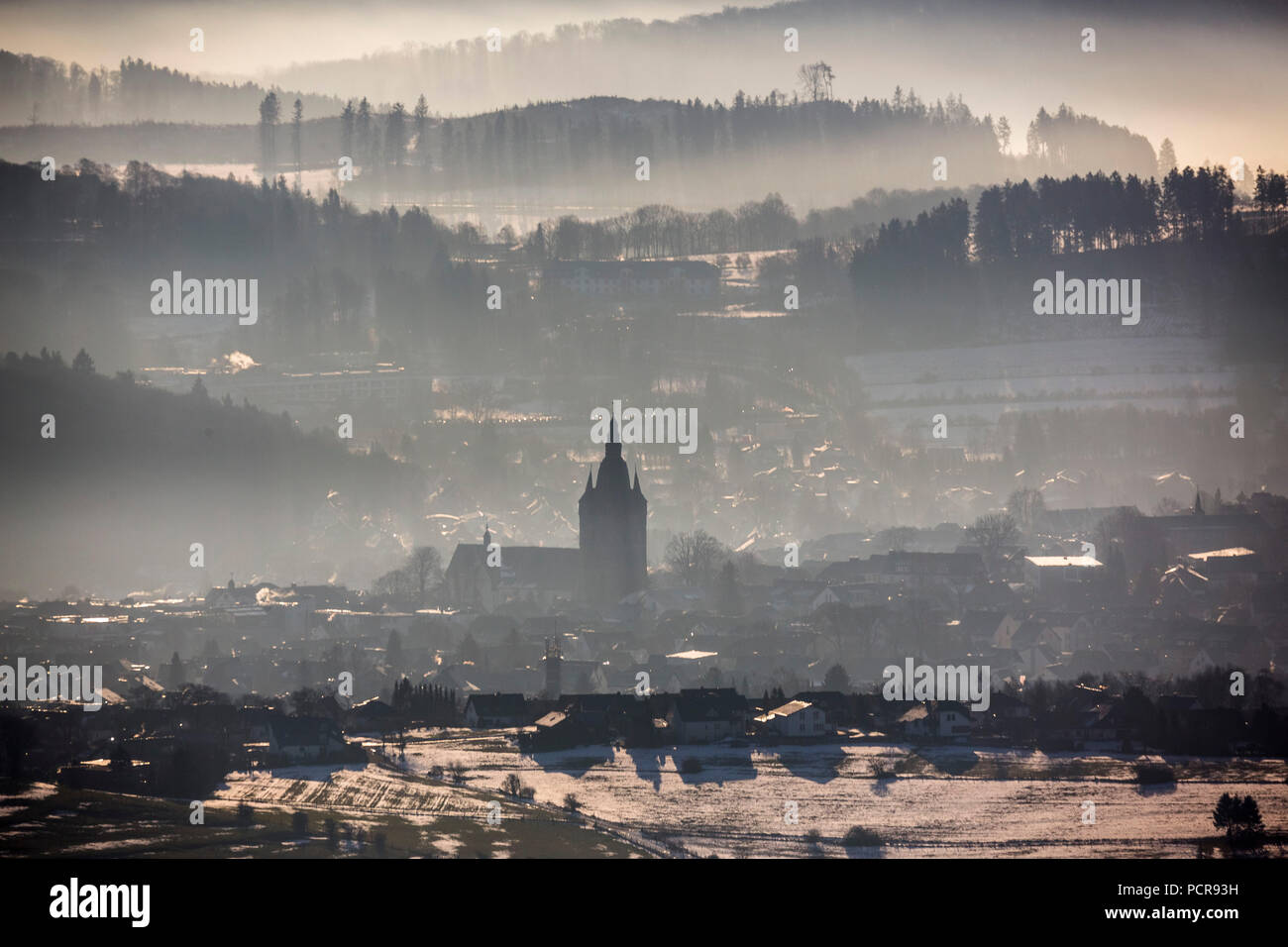 View from Scharfenberg on Brilon with the Sauerland hills in the background, Provost's Church St.Petrus and Andreas, Brilon, Sauerland, Soester Börde, North Rhine-Westphalia, Germany Stock Photo