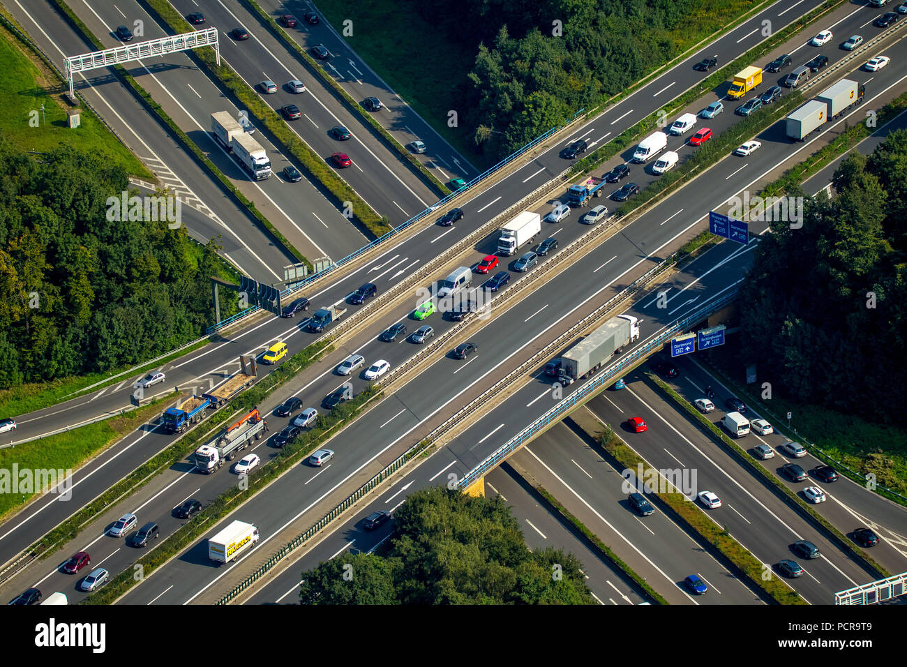 Traffic jam on the bridge A43 and A40 Ruhrschnellweg, Bochum, Ruhr area, North Rhine-Westphalia, Germany Stock Photo