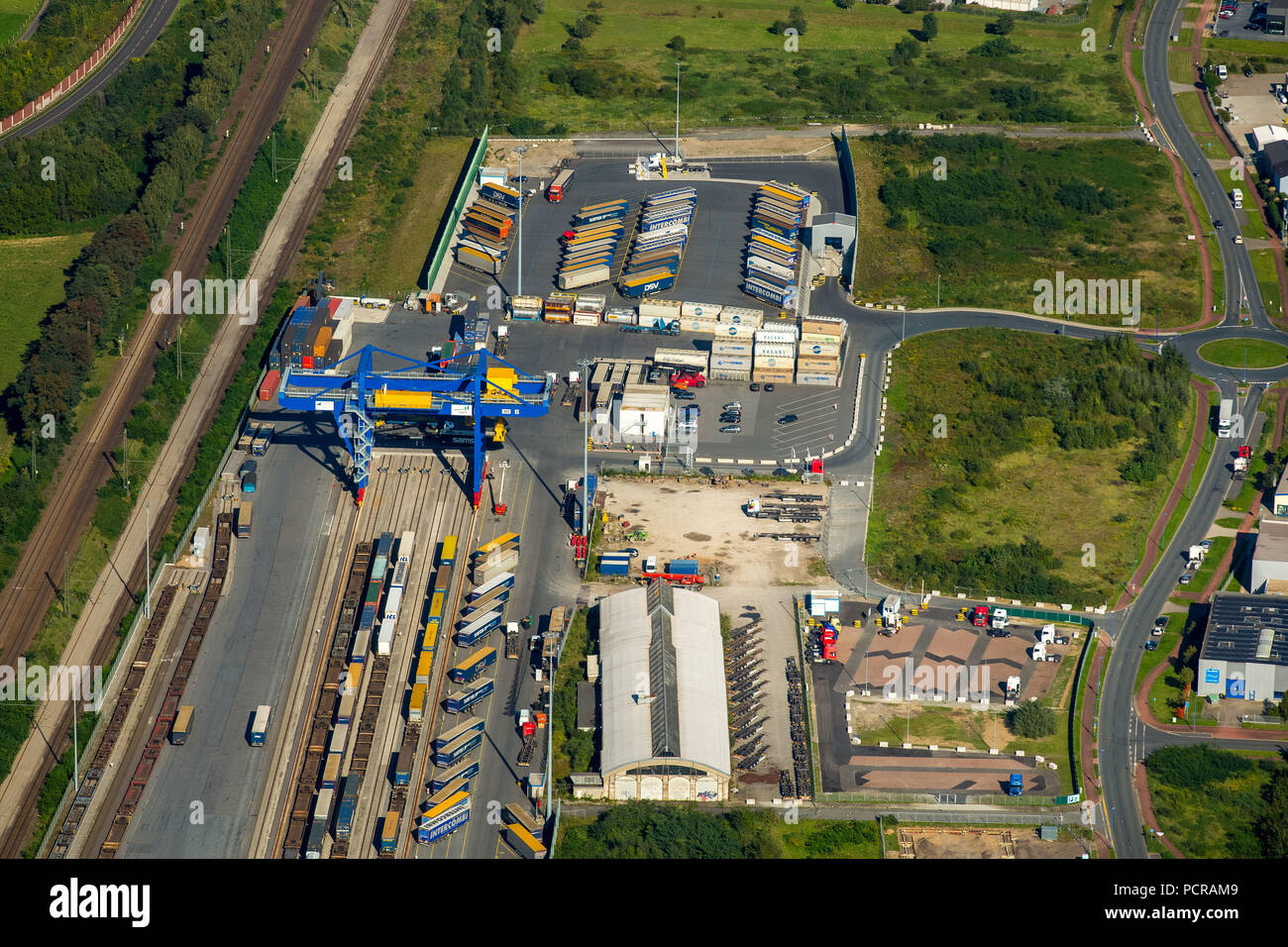 Logport III, Logistics, Duisport, Rhine, Budberg, Container Terminal, Transfer Station, Duisburg, Ruhr area, North Rhine-Westphalia, Germany Stock Photo