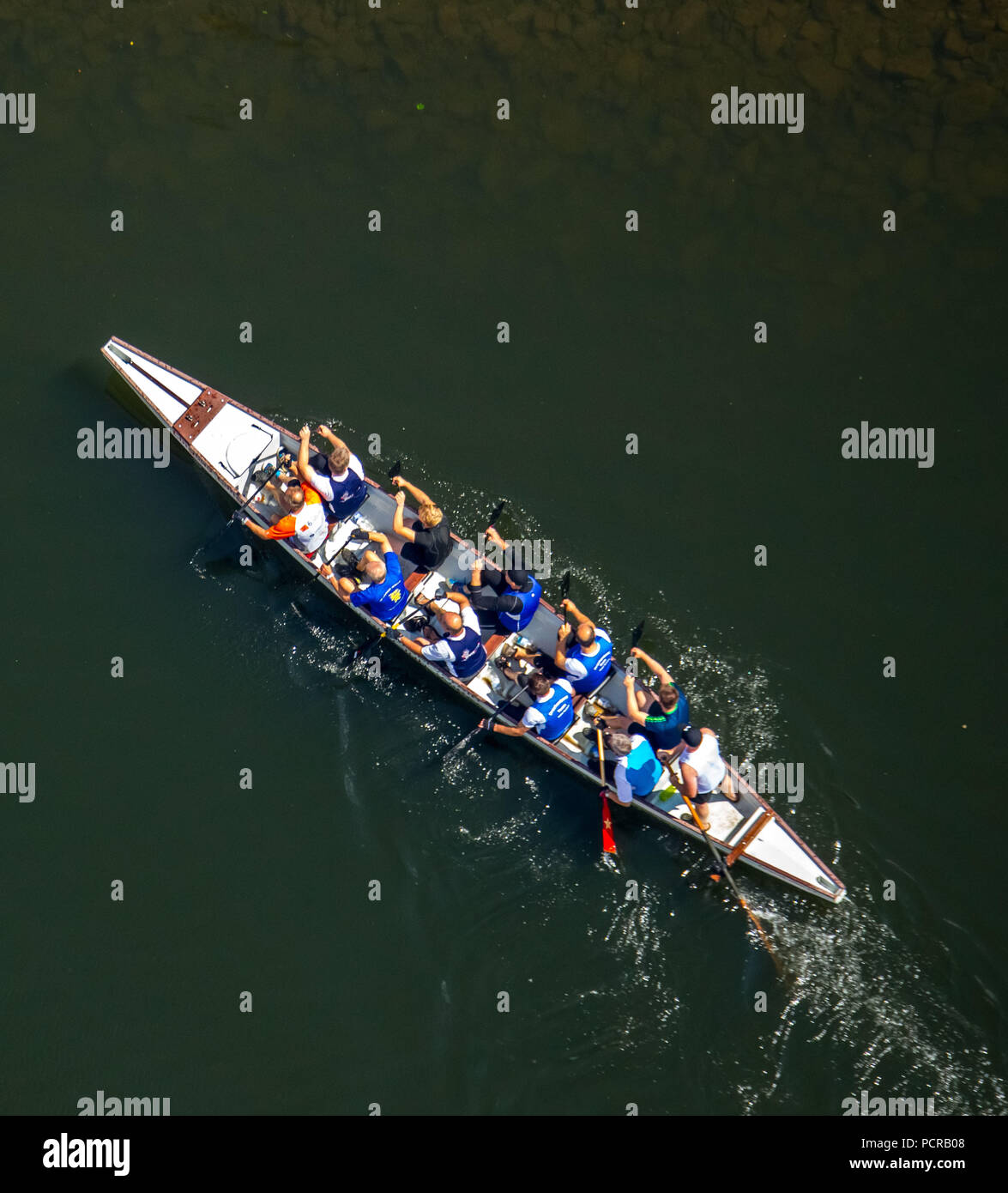 Canoeists practicing for the Dragon Boat Race, Witten, Ruhr area, North Rhine-Westphalia, Germany Stock Photo