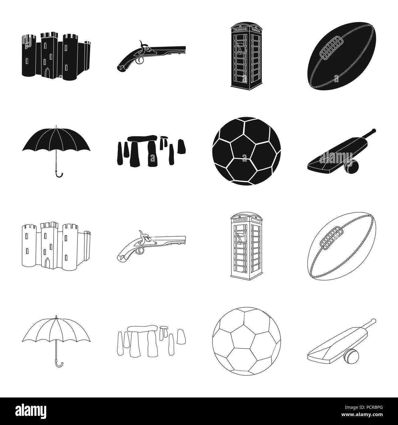 Umbrella, stone, ball, cricket .England country set collection icons in black,outline style vector symbol stock illustration . Stock Vector