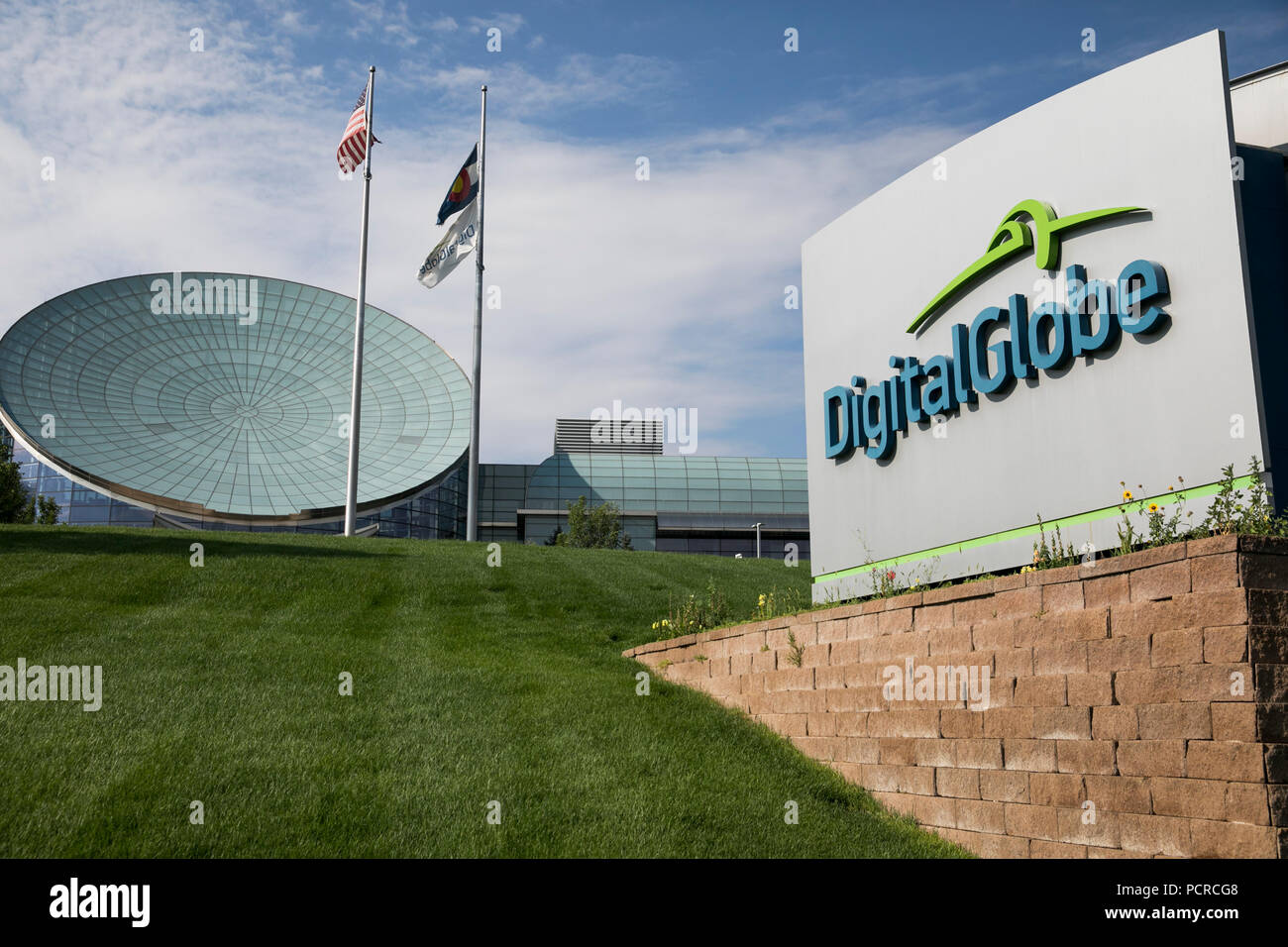 A logo sign outside of the headquarters of DigitalGlobe in Westminster